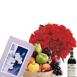 Roses with Fruit Basket and Wine